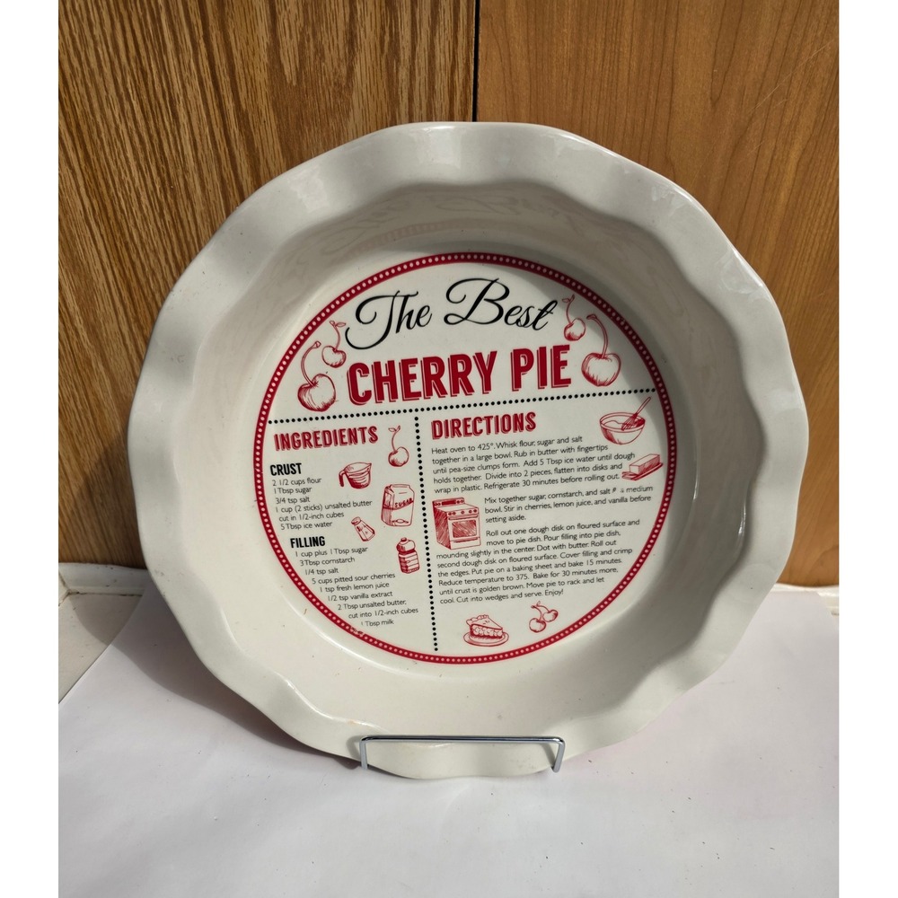 DEI The Best Cherry Pie Ceramic Recipe Pie Dish Ruffled Edge Red White 11 Inch